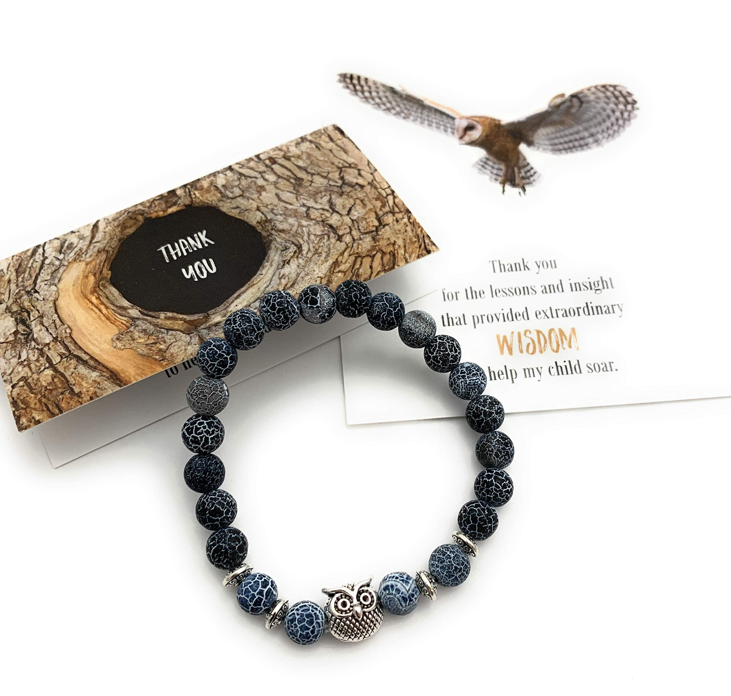 Owl Blue Effloresce Agate Stretch Bracelet | Thank You Teacher Appreciation Card