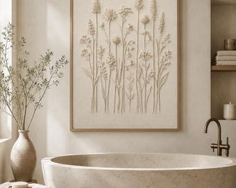 Neutral Botanical Wall Art Print 24x36, Wildflower Printable Art, Beige Cream Floral Relief Artwork, Cottage Bedroom Decor Digital Download