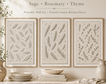 3 Neutral Herb Wall Art Set, Sage Rosemary Thyme Prints, Plaster Relief Kitchen Art, French Country Botanical Digital Download