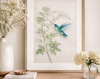 Hummingbird Wall Art, Neutral Botanical Printable, Bleeding Heart Flower Print, Cottage Bedroom Decor, Beige Floral Art Digital Download