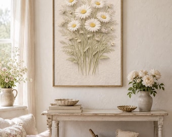 Daisy Bouquet Wall Art, Floral Printable, Cottage Bedroom Decor, French Country Botanical Print, Soft Beige Yellow Digital Download +Bonus