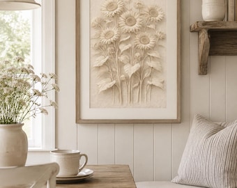 Beige Sunflower Wall Art, Neutral Floral Printable Art, Cottage Bedroom Decor, French Country Botanical Prints, Soft Cream Digital Download