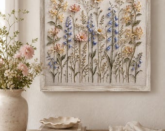 正方形の野花ウォールアートプリント、花柄レリーフプリント、コテージコア風ボタニカルデコレーション、ソフトパステルフラワーアート、デジタルダウンロード