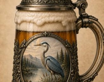 Blue Heron Beer Stein Wall Art, Rustic Cabin Printable, Lodge Bar Decor, 2:3 Digital Download