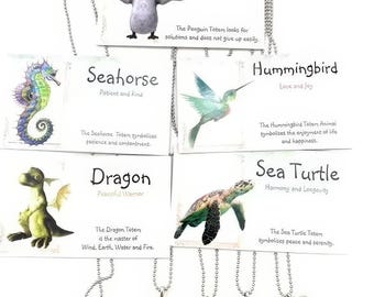 5 Bulk Girls Gifts | Animal Necklaces & Personality Card | Penguin, Turtle, Seahorse, Hummingbird, Dragon Charms | Kids Jewelry Party Favors