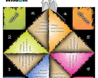 Op de afbeelding: Een kleurrijke origami fortune teller, ook wel cootie catcher genoemd, met de tekst "Smiling Wisdom". Het spel is ontworpen voor verjaardagen, Valentijnsdag of elke dag. Het bevat positieve boodschappen en een beetje pit.