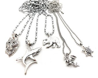 5 Bulk Boys Gifts | Animal Pendant Necklaces | Bear Shark Wolf Turtle Dragon | Children's Friendship Party Favors