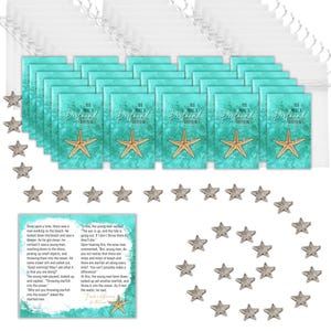Peut inclure: Ensemble de cartes turquoise avec un motif d'étoile de mer et l'inscription "You Make a Profound Difference". Les cartes sont accompagnées de petites décorations en forme d'étoiles argentées et de sacs transparents.