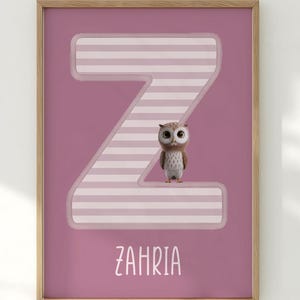 Impresión de búho con inicial personalizada, arte infantil personalizado (descarga digital)