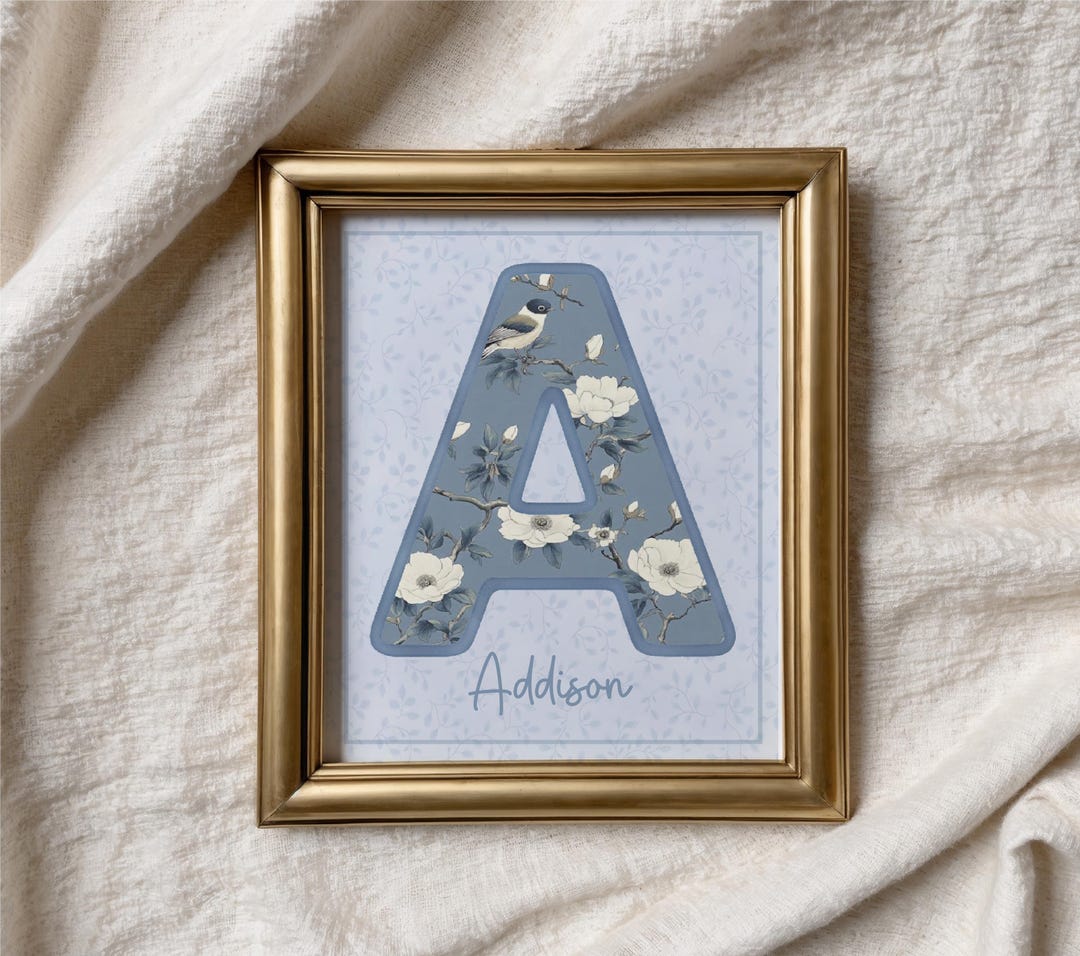 Custom Bird Monogram Print, Blue Floral Nursery Decor (digital Download ...