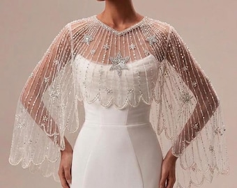 Celestial Star Bridal Bolero, Ivory Tulle Wedding Cape, Boho Wedding Dress Topper, Sheer Bridal Shoulder Cape, Starry Wedding Shawl