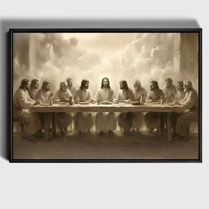 Könnte beinhalten: Ein gerahmter Sepia-Druck des Letzten Abendmahls, der Jesus und seine Jünger an einem langen Holztisch zeigt. Das Kunstwerk hat eine weiche Beleuchtung und einen bewölkten Hintergrund, wodurch Tiefe und Ehrfurcht entstehen.
