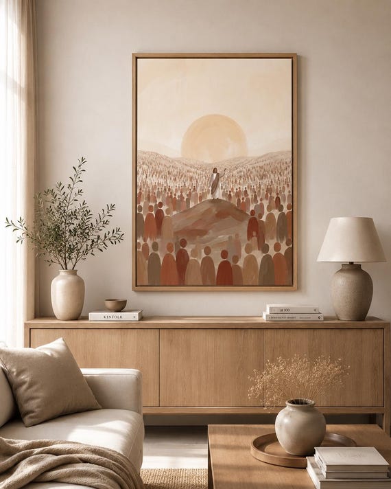 Jesus Among the 5000 Wall Art, Christian Canvas Print, Neutral Religious Decor, Modern Jesus Artwork