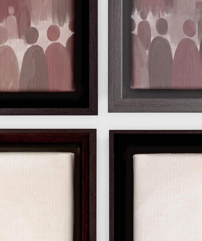 K&ouml;nnte beinhalten: Vier gerahmte Leinwandkunstwerke. Zwei zeigen abstrakte Figuren in Rosa- und Braunt&ouml;nen. Die anderen beiden Leinw&auml;nde sind leer, mit einer strukturierten, cremefarbenen Oberfl&auml;che. Die Rahmen sind dunkelbraun, grau und schwarz.