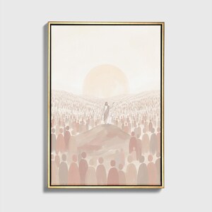 K&ouml;nnte beinhalten: Gerahmter Kunstdruck, der eine Figur auf einem H&uuml;gel zeigt, die eine Menschenmenge anspricht. Das Kunstwerk verwendet eine warme Farbpalette mit einer gro&szlig;en Sonne im Hintergrund. Der goldene Rahmen verleiht der Szene Eleganz.