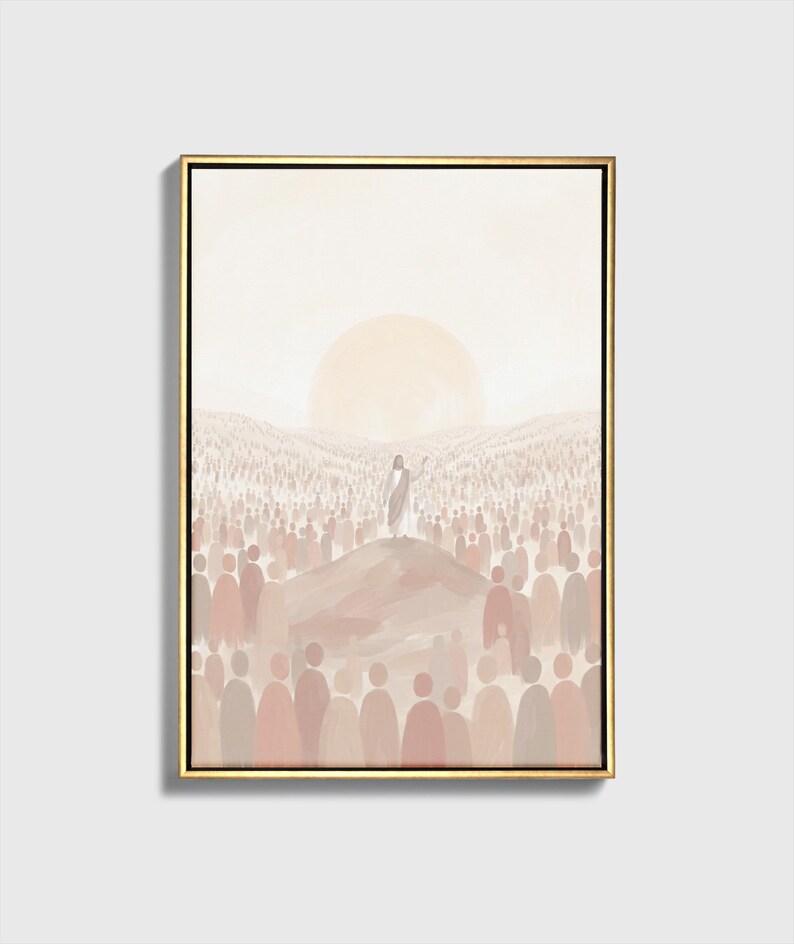 K&ouml;nnte beinhalten: Gerahmter Kunstdruck, der eine Figur auf einem H&uuml;gel zeigt, die eine Menschenmenge anspricht. Das Kunstwerk verwendet eine warme Farbpalette mit einer gro&szlig;en Sonne im Hintergrund. Der goldene Rahmen verleiht der Szene Eleganz.