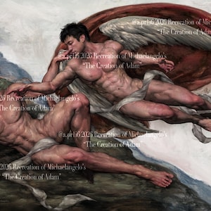 May include: A digital art print depicting a recreation of Michelangelo's "The Creation of Adam." The artwork features two muscular figures, one reclining and the other reaching out. The background includes clouds and a red drape. Text on the image reads "@a.prli6 2026 Recreation of Michaelangelo's 'The Creation of Adam'"