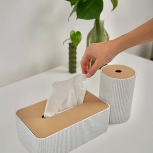 Pode incluir: Uma caixa de lenços retangular e um porta-lenços cilíndrico. Ambos são brancos com textura canelada vertical e topo castanho. Uma mão puxa um lenço da caixa. Plantas verdes e um vaso ao fundo.