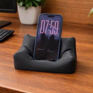 Könnte beinhalten: Ein schwarzer Telefonständer in Form eines kleinen Sofas, das ein Smartphone mit blauem Gehäuse hält. Auf dem Telefonbildschirm wird die Uhrzeit 07:59 angezeigt. Der Ständer steht auf einer Holzoberfläche.