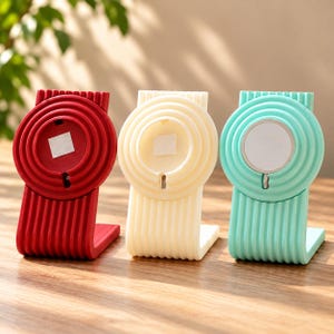 Op de afbeelding: Drie L-vormige telefoonstandaards in rood, crème en mintgroen. Elke standaard heeft een geribbelde textuur op de basis en een cirkelvormig ontwerp met concentrische ringen op het opstaande gedeelte. Het midden van elk cirkelvormig deel heeft een platte zelfklevende pad.