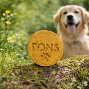 May include: A round, golden-colored dog treat with the word "TONS" and a paw print design is displayed in the foreground. A golden retriever dog is blurred in the background. The treat is resting on a mossy log in a natural outdoor setting.