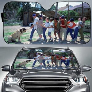 May include: Car windshield sunshade featuring a scene of a group of boys playing tug-of-war with a large dog. The image is set outdoors with a dog holding a stick. The sunshade is designed to fit a car's windshield.