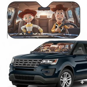 May include: A car sunshade featuring a colorful image of Woody and Jessie from Toy Story inside a car. The sunshade is displayed in front of a dark blue SUV, providing a fun and functional accessory for vehicle owners.