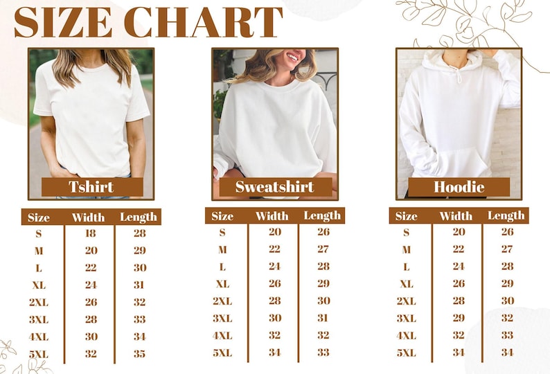 May include: Size chart for t-shirts, sweatshirts, and hoodies. The chart displays sizes S to 5XL, with corresponding width and length measurements in inches. Each garment type has its own size table, with images of each garment type above the size chart.
