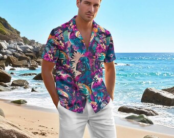 Star Wars Synthwave Hawaiian Shirt, Star Wars Button Shirt, Star Wars Shirt, Star Wars Lover Gift, Summer Beach Shirt, Vacation Hawaiian Tee