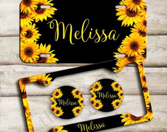 Car Accessories,Sunflower Personalized Plate and Frame,Leopard License Plate Sunflower Leopard License Plate Custom Tag,Coasters Key chain