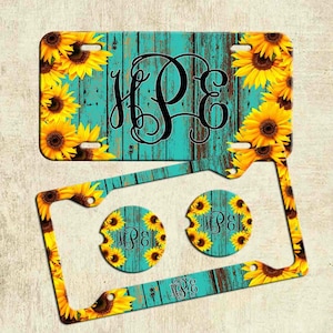 Teal Sunflower License Plate Frame, Monogrammed License Plate, Personalized Car Coaster,  Floral Car Decoration, Cute Car Accessories