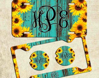 Teal Sunflower License Plate Frame, Monogrammed License Plate, Personalized Car Coaster,  Floral Car Decoration, Cute Car Accessories