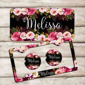 Black Floral License Plate, Custom Monogram License Plate Frame, Personalized Car Coaster,  Floral Car Decoration, Cute Car Accessories