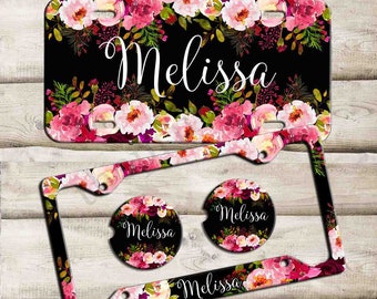 Black Floral License Plate, Custom Monogram License Plate Frame, Personalized Car Coaster,  Floral Car Decoration, Cute Car Accessories