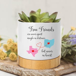 May include: White ceramic planter with a wood base. The planter has a quote that reads "True Friends are never apart maybe in distance but never in heart". The quote is accompanied by an outline of the states of Texas and Ohio with hearts connecting them.