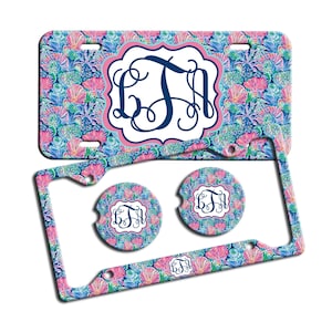 Preppy Palm Beach Pink Blue Personalized License Plate Frame Car Tag Car Coasters Monogram Car Accessories Vanity Plate