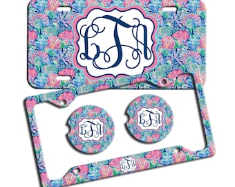 Preppy Palm Beach Pink Blue Personalized License Plate Frame Car Tag Car Coasters Monogram Car Accessories Vanity Plate