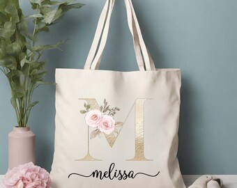 Personalized Floral Initial Tote Bag, Custom Canvas Tote, Birthday gift for her, Gift for mom, Bridesmaid Gift