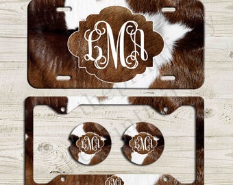 Brown Cow Hide License Plate Monogram Car Tag Western Cow Print Car Tag Personalized Plate Car Coaster Cow Hide License Frame