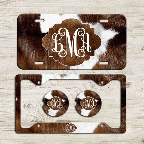 Brown Cow Hide License Plate Monogram Car Tag Western Cow Print Car Tag Personalized Plate Car Coaster Cow Hide License Frame