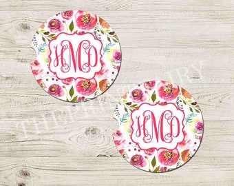 Pink Floral Monogram Car Coaster, Car Accessories for her, Floral Auto coaster, Coaster, Cup Holder Coaster, Gift For Her