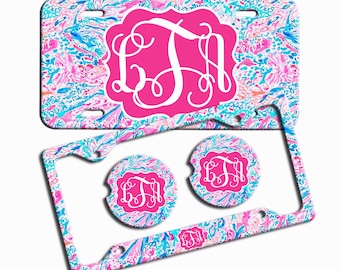 Pink Blue Floral License Plate, Custom Monogram License Plate Frame, Personalized Car Coaster, Car Decoration, Cute Car Accessories