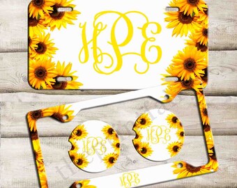 Sunflower License Plate,Custom Monogram License Plate Frame,Personalized Car Coaster,  Floral Car Decoration, Cute Car Accessories