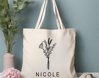 Personalized Flower Tote Bag, Custom Birth flower gift, Canvas Tote, Birthday gift for her, Gift for mom, Bridesmaid Gift