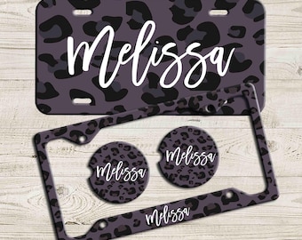 Grey Leopard Cheetah Personalized Monogram Car Tag License Plate Frame Car Coasters