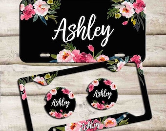Personalized Car Tag, Custom Monogram License Plate Frame, Custom Car Coaster,  Floral Car Decoration, Cute Car Accessories