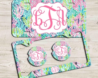 Pink Blue Floral License Plate, Custom Monogram License Plate Frame, Personalized Car Coaster,  Floral Car Decoration, Cute Car Accessories
