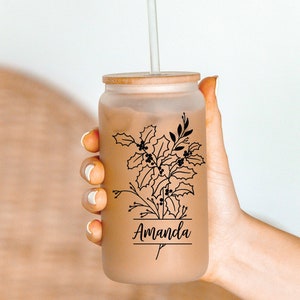 Personalized Glass Tumbler With Name Gift For Mom Custom Coffee Mug With Floral Design Birth Flower Glass Tumbler For Bridesmaid Gift