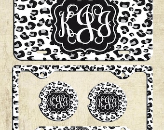 Black Grey White Leopard Cheetah License Plate Monogram Car Tag Animal Print Car Tag Personalized Plate Car Coaster