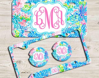 Pink Blue Floral License Plate, Custom Monogram License Plate Frame, Personalized Car Coaster,  Floral Car Decoration, Cute Car Accessories